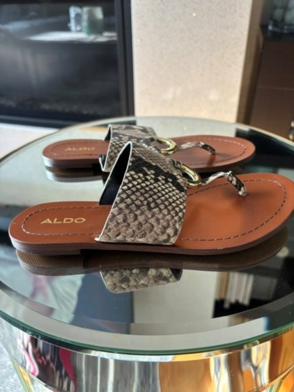 Snakeskin Print Slide Sandals with Gold Ring Detail